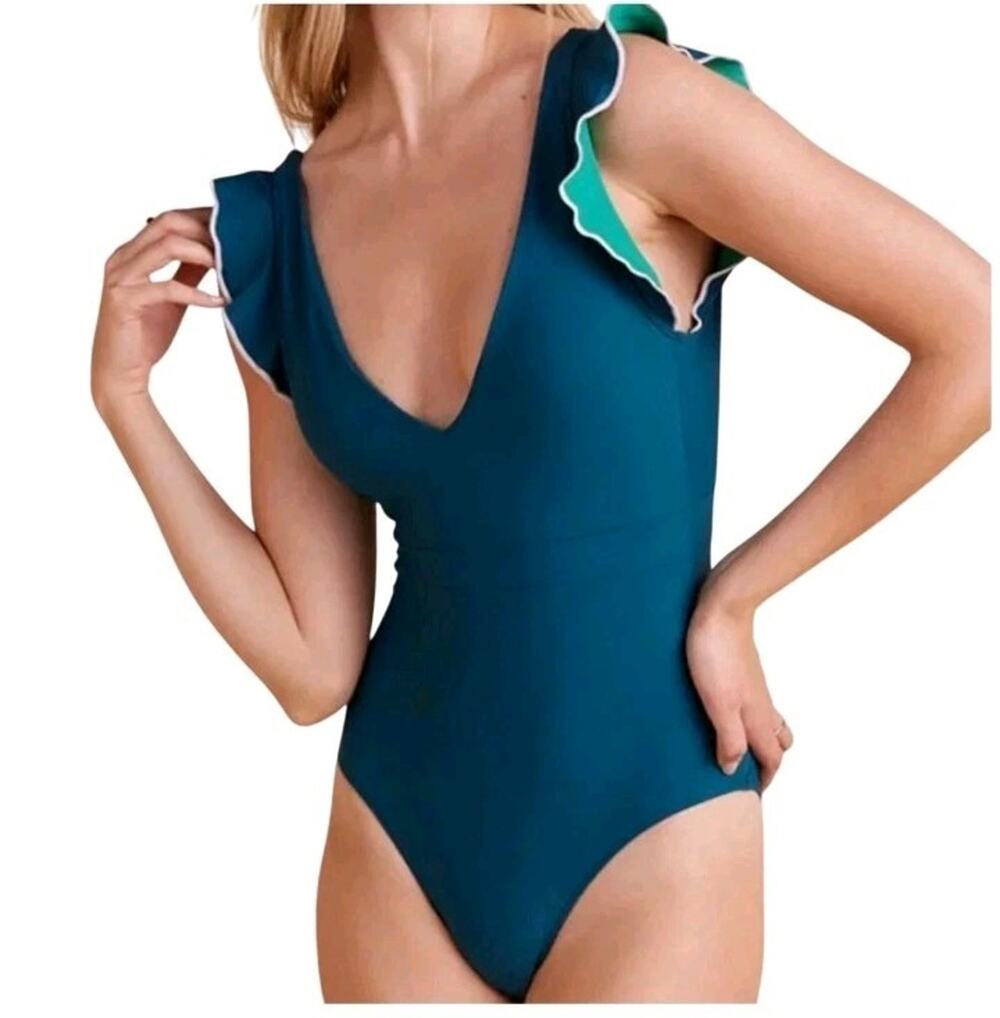 Summersalt The Ruffle Backflip One Piece Swimsuit Size 10 Blue Green - Picture 1 of 12